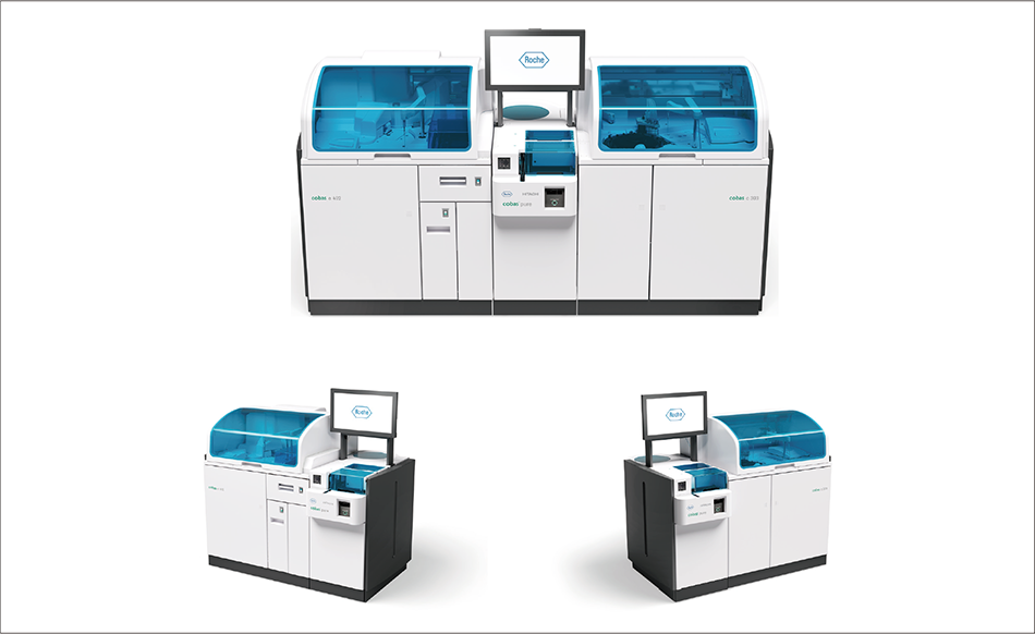 ［01］Integrated automatic analyzer for clinical chemistry and immunoassay (top), e402 immunoassay analyzer (bottom left), c303 clinical chemistry/ISE analyzer (bottom right)