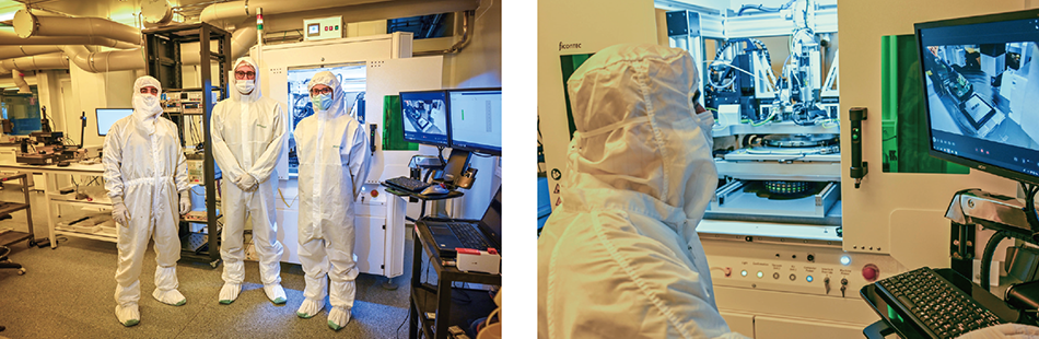 Figure 3 | Cleanroom Personnel Supporting VLC Photonics PIC Testing Services (Left) and Technician Adjusting the Automated PIC Testing Tool (Right)
